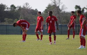 Men's soccer players on the field at Warner University.