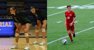 FNU volleyball players Elis Cordova-Millet and Gabriela Gonzalez. FNU men's soccer player Vinicius Mallmann.