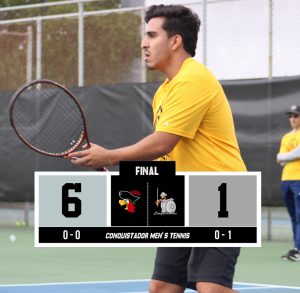 Stefanacci’s singles win highlights FNU’s 6-1 loss graphic.