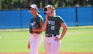 FNU softball players Yleisha Perez and Danika Lagodzinski at Keiser University.