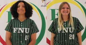 FNU softball players Ana (Gabi) De Oliveira Obando and Sophia White.