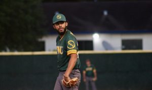 FNU pitcher Juan Pablo Arellano getting set to throw.